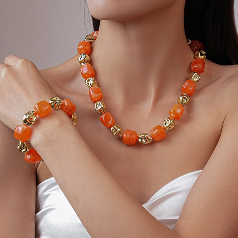 Collar Y Pulsera De Cuentas Gruesas Cuadradas Geométricas Resina Acrílica Joyería De Aleación De Oro Irregular Para Mujeres