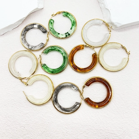 C-Shape Hoop Earrings 18K Gold Plated Stainless Steel Resin Marble Texture Geometric Retro Statement Jewelry For Women