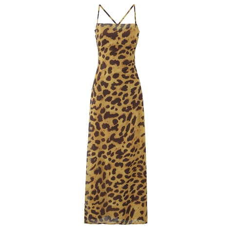 Dames Maxi Jurk Open Rug Gekruiste Bandjes Hoge Taille Luipaard Stippen Jacquard Bloemen Elegant Zomer Sexy