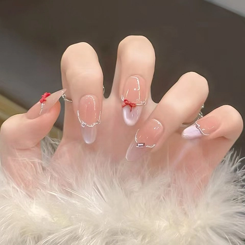 Uñas Postizas Elegantes Forma Almendra Degradado Rosa Ojo De Gato Con Lazo Rojo 3D Diamantes De Imitación Y Perla Artificial