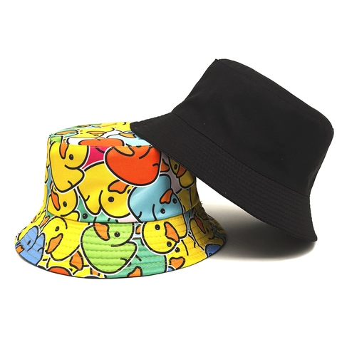 Kleurrijke Bucket Hat Met Cartoon Eend Print Polyester Zonbescherming Omkeerbaar Mode Vintage Dames Accessoires