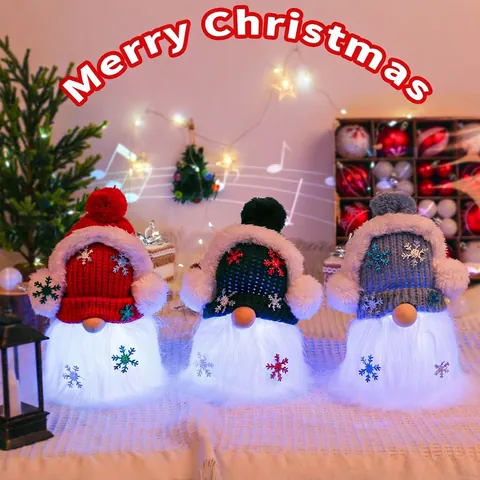Gnome De Noël En Peluche Poupée Lumineuse LED Musicale Bonnet Tricoté Elfe Sans Visage Ornement Déco Cadeau