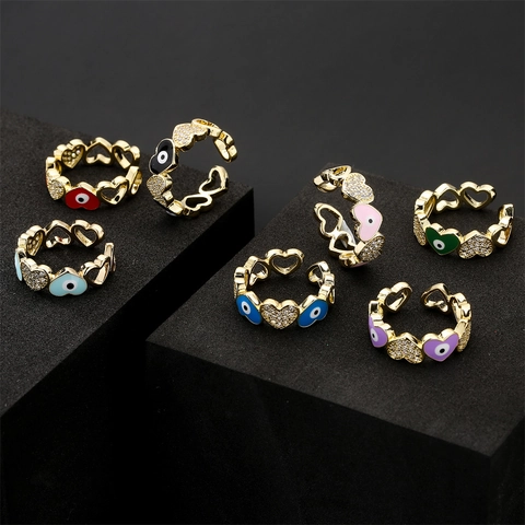 Herzförmiger Böser Blick Offener Verstellbarer Ring Kupfer Vergoldet Mit Zirkon Emaille Modeschmuck Für Damen