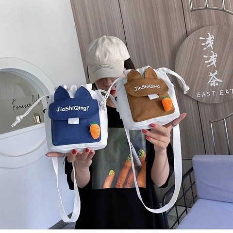 Leuke Canvas Emmer Schoudertas Met Konijnenoren En Wortel Hanger Crossbody Tas Met Trekkoord Voor Dames Meisjes Studenten