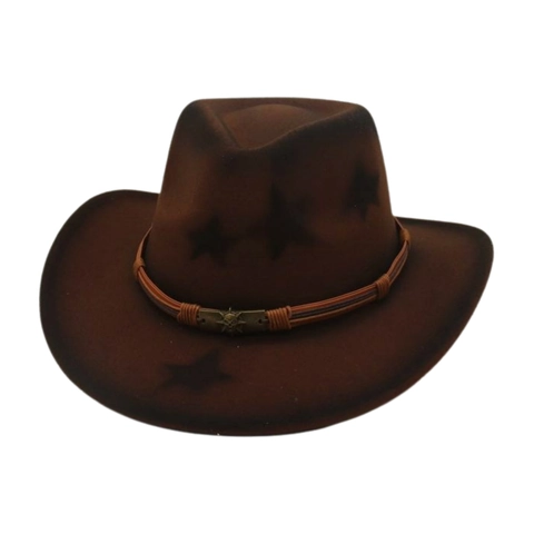 Retro Western Cowboy Hut Wollfilz Sternenmuster Breitkrempig Mit Totenkopf Schnalle Geflochtenes Band Für Herren Damen