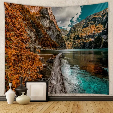 Arazzo Da Parete Paesaggio Poliestere Autunno Montagna Lago Scenografia Bohemien Stile Ins Tessuto Appeso Per Arredo Camera Soggiorno