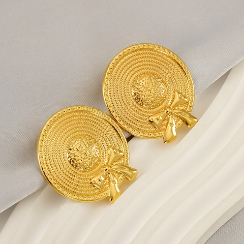 Pendientes De Botón Sombrero De Paja 18K Chapado En Oro Acero Inoxidable Lazo Retro Elegante Estilo Playa Para Mujeres