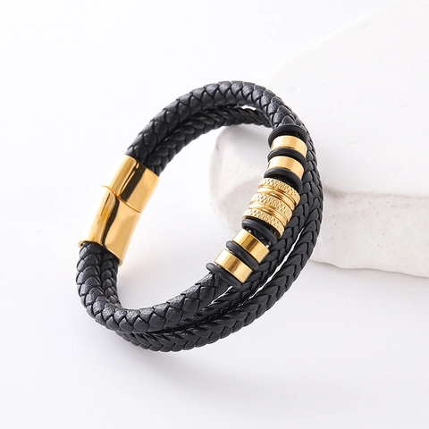 Bracciale In Pelle Intrecciata Multistrato Da Uomo Acciaio Inossidabile Chiusura Magnetica Moda Semplice Geometria Gioielli