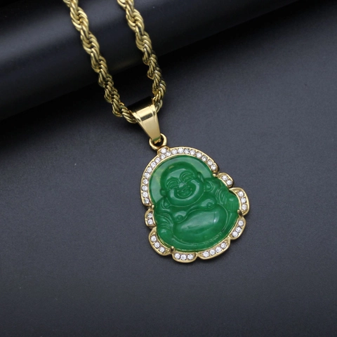 Stainless Steel Laughing Buddha Pendant Necklace For Women Men Gold Plated Rhinestone Maitreya Ethnic Jewelry Gift
