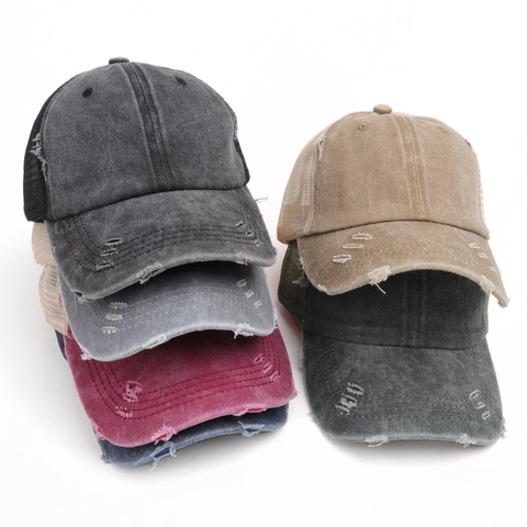 Washed Cotton Mesh Baseball Cap With Ponytail Hole Distressed Vintage Breathable Sunshade Outdoor Adjustable For Women