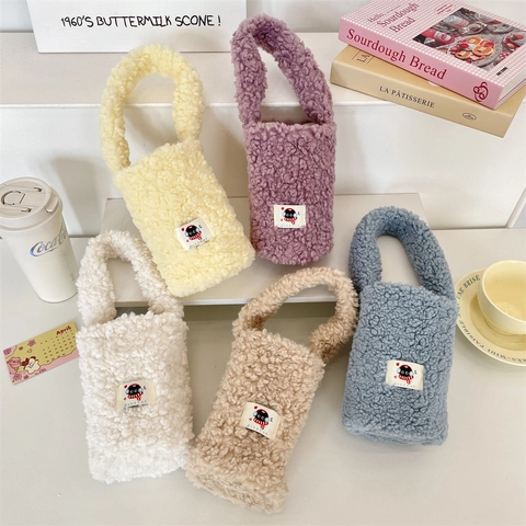 Cute Plush Cup Sleeve Sherpa Fleece Portable Handbag Cartoon Cat Patch Insulated Bottle Cover Japanese Style Travel Bag