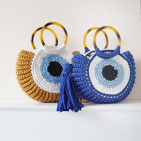 Bolso De Mano De Algodón Tejido A Mano Evil Eye Asa Redonda Resina Borla Concha Informal Playa Moda Para Mujeres