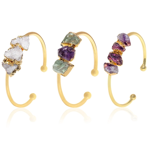 Brazalete Abierto Ajustable De Racimo De Cristal Crudo Amatista Citrina Fluorita Natural Chapado En Oro Para Mujeres