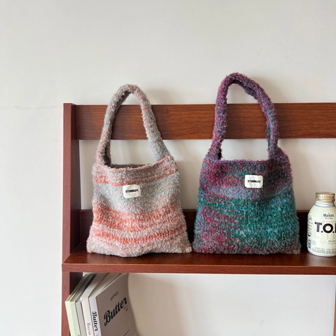 Knitted Handbag Gradient Color Polyester Knit Shoulder Bag Large Capacity Casual Niche Design Versatile For Women