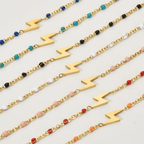 Stainless Steel Bracelet With Lightning Bolt Pendant And Colorful Enamel Beads Bohemian Retro Jewelry For Women