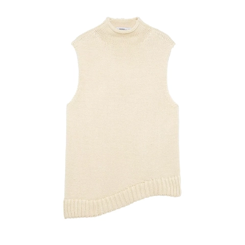 Hochhals Ärmellose Strickweste Asymmetrischer Saum Off White Grobstrick Pullover Top Für Damen Elegant