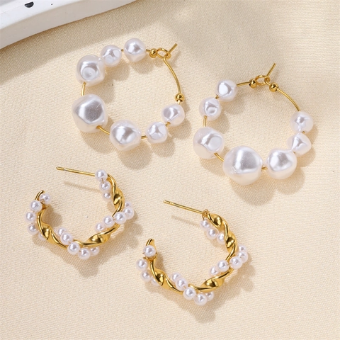 Stainless Steel Freshwater Pearl Hoop Earrings For Women Golden Twisted Round Geometrical French Light Luxury Elegant Jewelry Gift