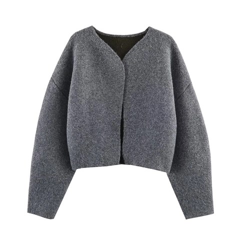 Women Crop Knitted Cardigan Plush Long Sleeve Open Front Solid Grey Casual Sweater Jacket