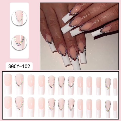 Unghie Finte Lunghe Coffin French Manicure Bianca Strass ABS Unghie Artificiali Per Donne Sposa Matrimonio