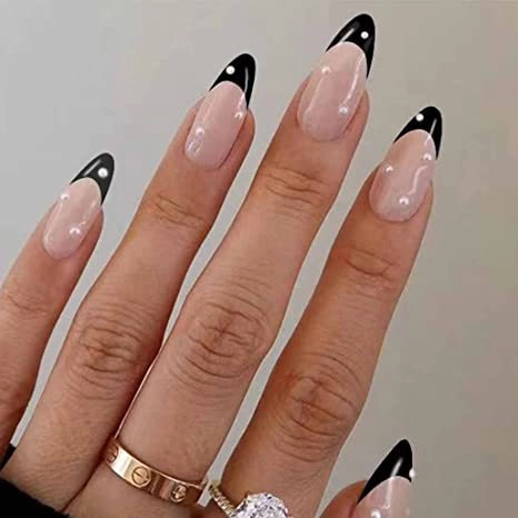 Unghie Finte A Pressione A Mandorla Con Punta Nera Francese Künstliche Perle Strass Eleganti Lucide Per Donna