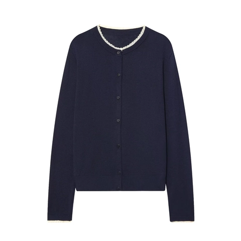 Strickjacke Damen Spitzenbesatz Rundhals Langarm Knopfleiste Einfarbig Lässige Strickoberteile Süßer Stil
