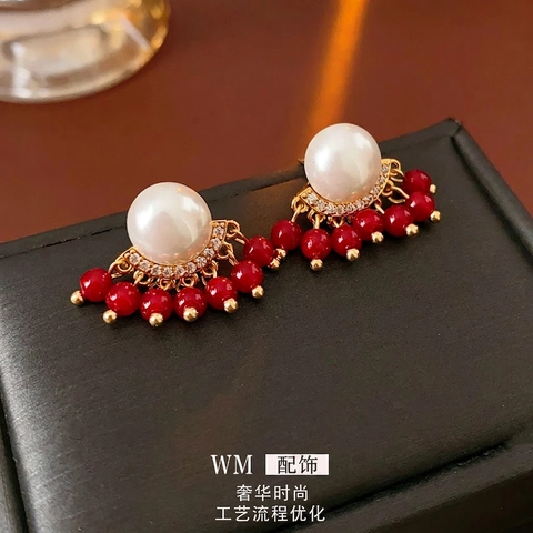 Orecchini A Perno Con Nappa Vintage Francese Con Künstliche Perle Artificiali Künstliche Perle Rosse Zircone Rame Placcato Oro E Perno Per Orecchini In Argento