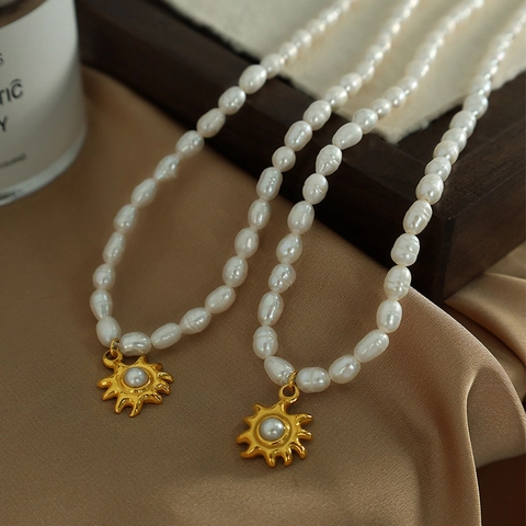 Zoetwaterparelketting Gouden Zonnehanger Titaniumstaal Franse Vintage Barokke Sieraden Voor Dames