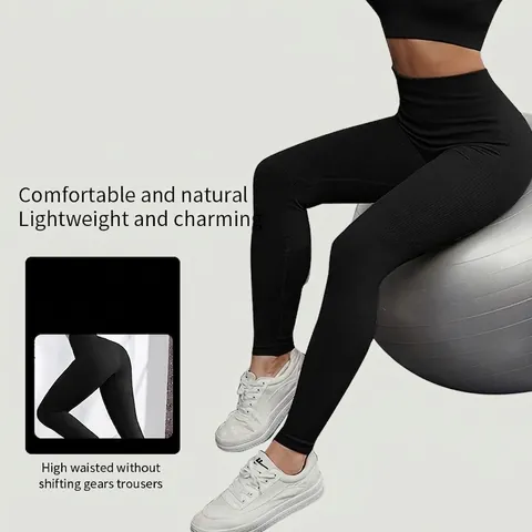 Women Ribbed Seamless Yoga Pants High Waist Tummy Control Breathable Quick Dry Fitness Leggings Solid Color Slim Fit