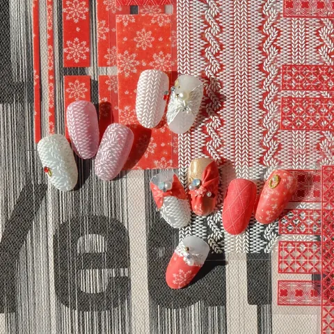 5D Relief Nail Art Stickers Red Snowflake Knitted Texture Festive DIY Manicure Decor Japanese Style Adhesive Decals