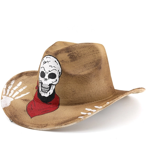 Chapeau De Cowboy Western Vintage Feutre Polyester Distressed Peint À La Hand Crâne Écharpe Rouge Pour Fête Halloween
