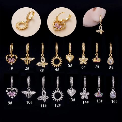 Mode Kupfer Zirkonia Piercing Hoop Ohrring Anhänger Herz Schmetterling Krone Blume Charm Einzelner Schmuck Für Damen