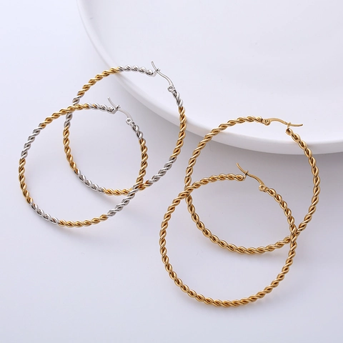 Twisted Rope Hoop Earrings Large Circle Stainless Steel Geometric Gold Plated Fashion Jewelry For Women Silver Tone Elegant