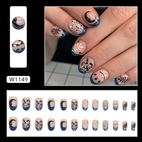 Kurze Ovale Künstliche Nägel Blauer Glitzer French Tip Schlange Mond Böser Blick Mystisches Muster Tragbare Falsche Nägel