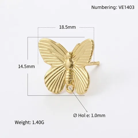 Butterfly Stud Earrings 18K Gold Plated Brass Delicate Textured Wing With Hanging Loop Elegant Jewelry For Women