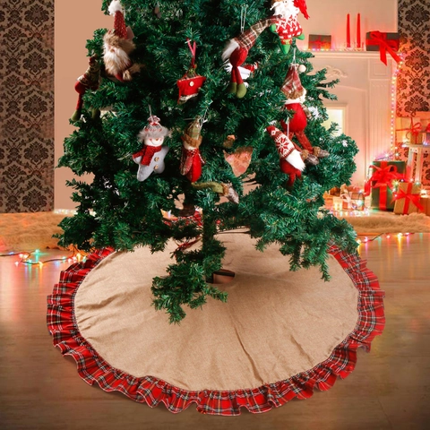 Kerstboomschort Jute Linnen Rode Ruit Ruchesrand Schotse Stijl Feestelijke Vakantie Decoratie