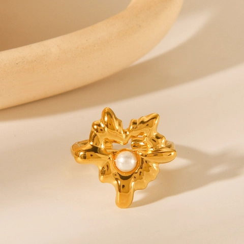 Hart Kunstparel Ring Roestvrij Staal Verguld Vintage Geplooid Radiale Textuur Onregelmatige Verstelbare Open Ring Voor Dames