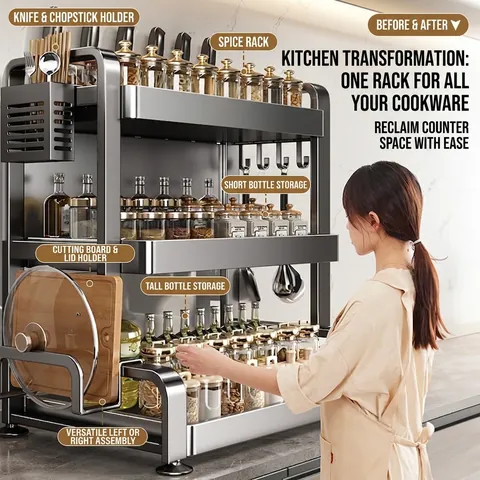 Kitchen Spice Rack Carbon Steel Multi Layer Countertop Organizer With Knife Holder Cutting Board Rack Modern Home