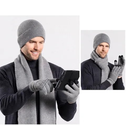 Winter Knitted Beanie Hat Scarf And Gloves Acrylic Warm Windproof Touch Screen Outdoor Riding Unisex
