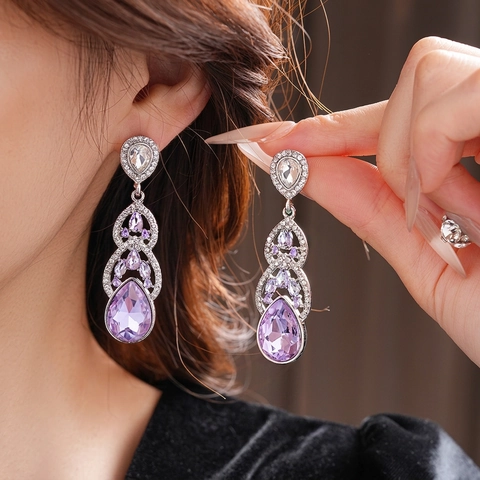 Luxury Purple Teardrop Dangle Earrings With Silver Earring Post Alloy Rhinestone Vintage Elegant Jewelry For Women