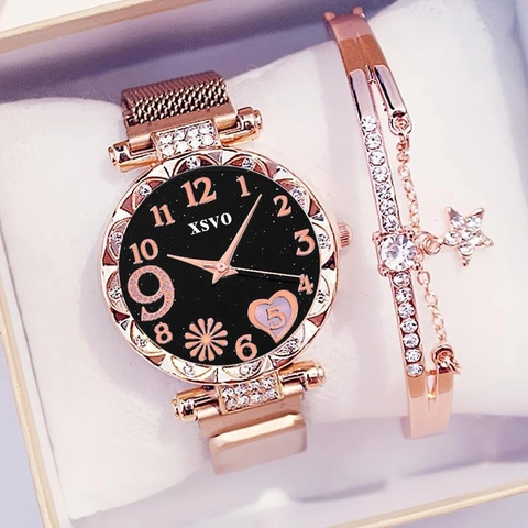 Women Fashion Quartz Watch Jewelry With Rhinestone Alloy Bracelet Necklace Earring Ring For Elegant Ladies Casual Daily