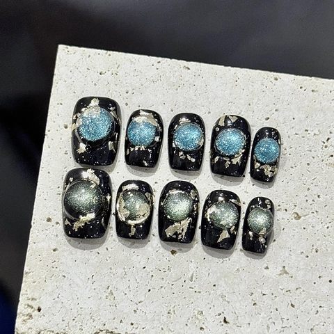 Handmade Press On Nails Short Square Black Gold Foil 3D Cat Eye Galaxy Design Reusable False Nails