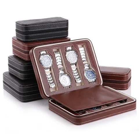 Caja Para Reloj De Cuero PU Con Cremallera Organizador De Relojes Portátil Para Viajes Con Forro De Terciopelo