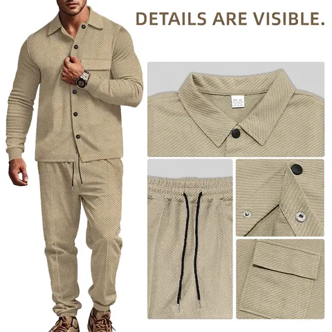 Uomo Twill Jacquard Maglia Poliestere Giacca Camicia A Maniche Lunghe E Pantaloni Con Tasche Casual Urban Moda