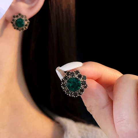 Vintage Emerald Green Flower Jewelry Rhinestone Alloy Necklace Bracelet Earrings With Silver Earring Post Elegant Women