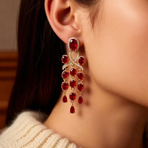Vintage Tassel Drop Earrings With Silver Earring Post Copper Red Zircon Luxury Evening Jewelry For Women