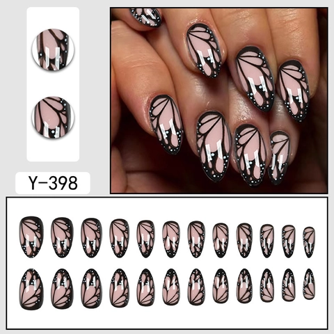 Press On Nails Vlindervleugelpatroon Lange Amandelvorm Roze En Zwart Volledige Dekking Kunstnagels Voor Dames