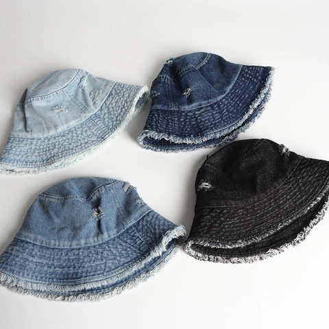 Chapeau Bob En Jean Distressed Bords Effilochés Déchiré Protection Solaire Streetwear Femmes Hommes Pliable