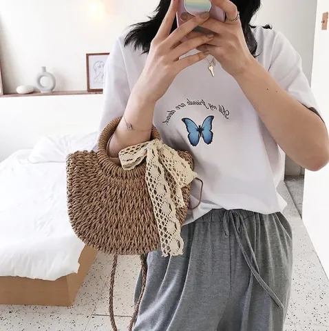 Women Straw Woven Handbag Paper Rope Half Moon Crossbody Bag With Lace Bow Round Handle Drawstring Lining