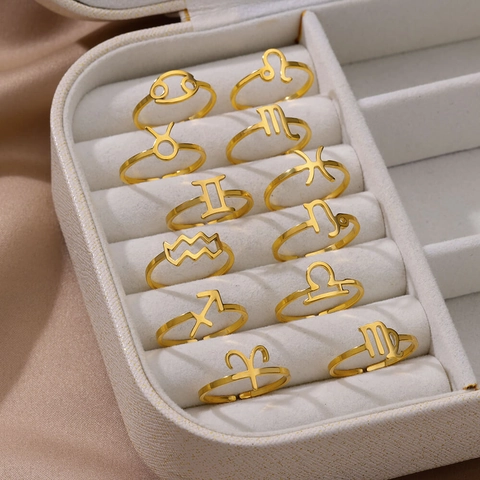 Stainless Steel Gold Adjustable Rings Zodiac Signs Symbol Minimalist Fashion Jewelry For Women Men