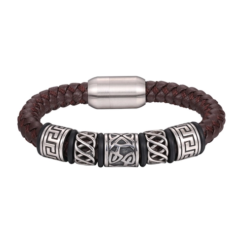 Geflochtenes Rindsleder Armband Mit Titanstahl Keltenknoten Perlen Retro Magnetverschluss Armreif Für Herren Damen